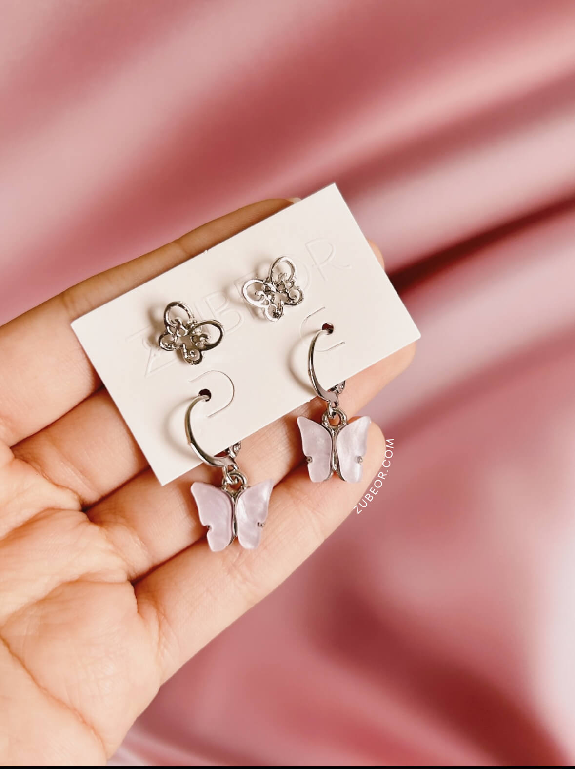 Set de aretes mariposas plateado 2